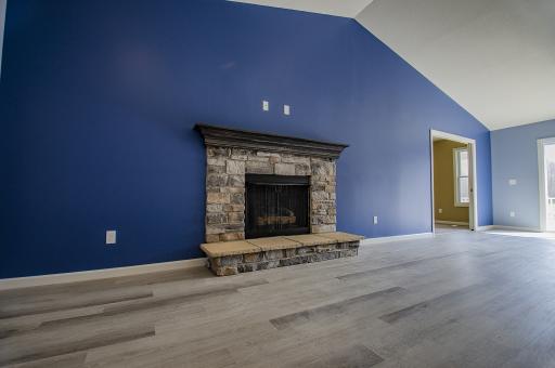 Family room with fireplace and vaulted ceiling
